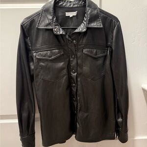Good American Black Faux Leather Shirt Jacket